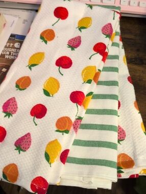 KATE SPADE 3  Fruit Print Kitchen Towels - Lemon, Peach, Strawberry & Cherry